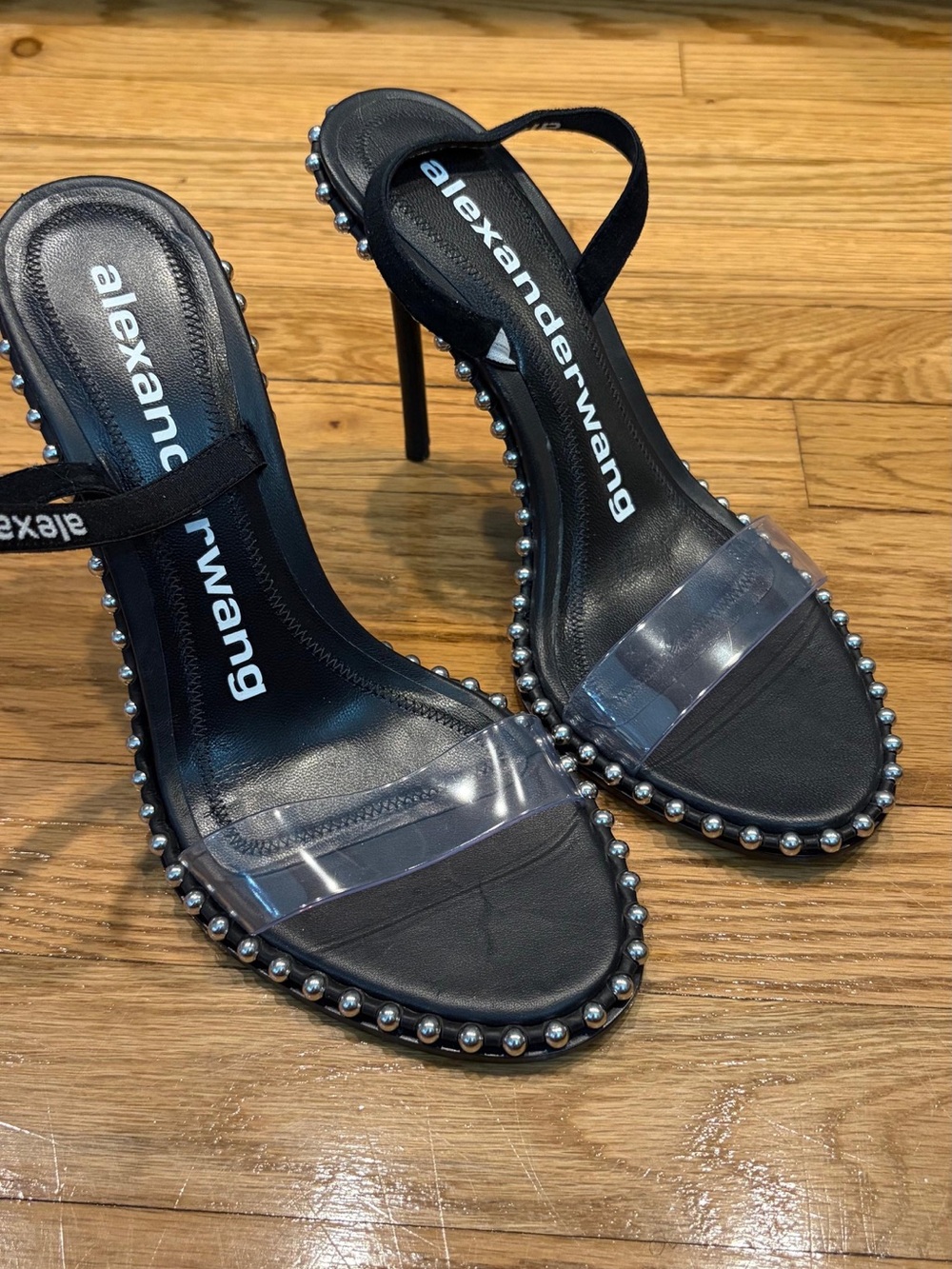 Alexander Wang Black Leather Stud-Trim Clear Strap Stilettos